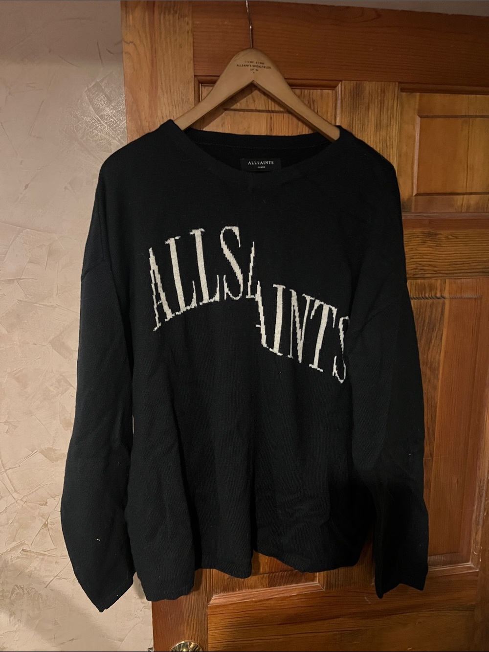 All Saints Black Crewneck Sweater with White Logo